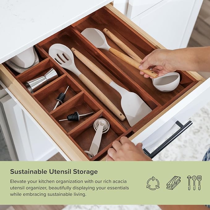 Utensil & Junk Drawer Organizer, 10.5-18.5 in, Acacia | Food-safe contract grade, 100% sustainable wood, non-slip, adjustable