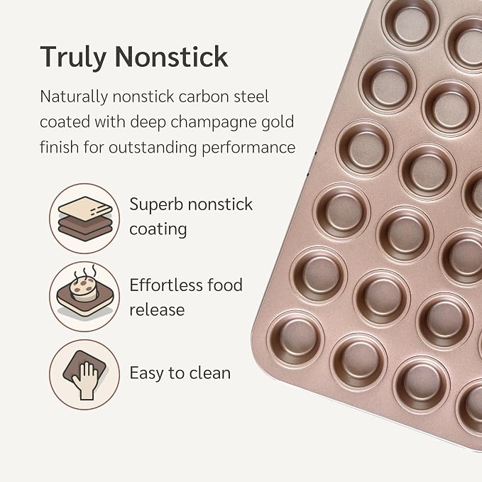 24 Cup Mini Muffin Pan Nonstick, PFOA & BPA Free | | Non-Toxic - High Carbon Steel - Gold - Small Cupcake Tin for Oven Baking