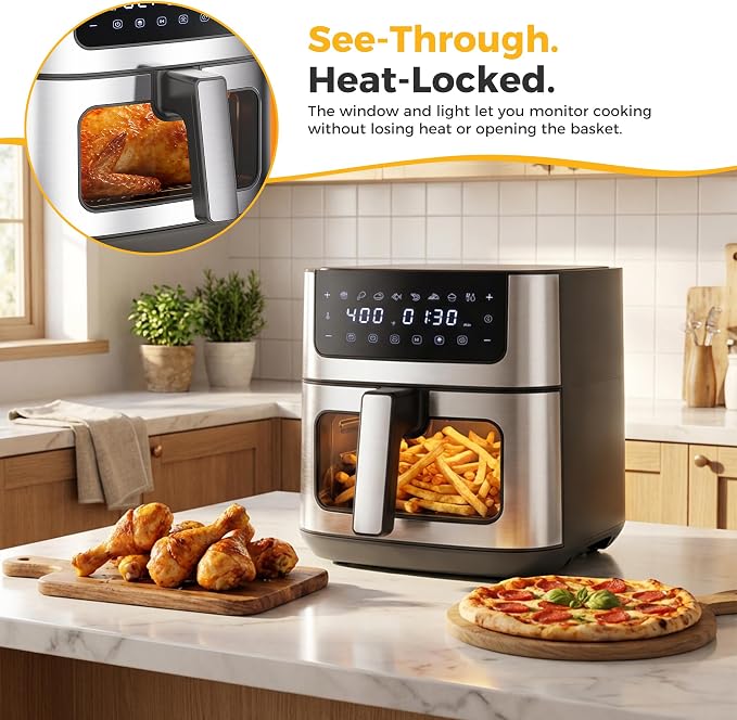 NEWBULIG Air Fryer 6.34QT Airfryer with Visible Window 400℉ Fast Heating Stainless Steel Air Fryers Oven with Nonstick and Dishwasher-Safe Basket 8-in-1 Cooking Preset with Timer Auto-Off