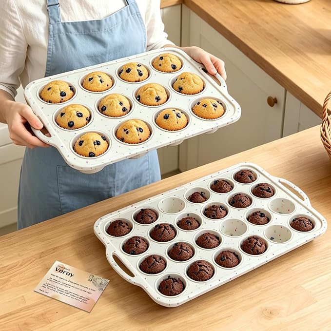Silicone Mini Muffin Pan Set: 12 & 24 Small Cupcake Baking Pan with Frame | Easy Release - Complete Shaping Each Use Avoid Re-baking - BPA-free Muffin Trays Reinforced Frame for Oven Home Bakers Vnray