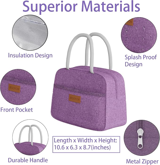 JBGOYON Leakproof Bento Box & Insulated Lunch Bag Set, 4-Piece, Purple | 6-hour thermal retention, includes nested knife fork spoon, 2 reusable snack pouches, designed for adults and kids