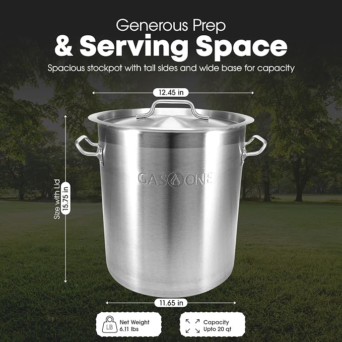 GasOne Stainless Steel Stockpot – 20qt Stock Pot with Lid and Capsule Tri-Ply Bottom – Heavy-Duty Cooking Pot for Beer Brewing, Soup, Seafood Boil – Reinforced Rim Stainless Steel Soup Pot