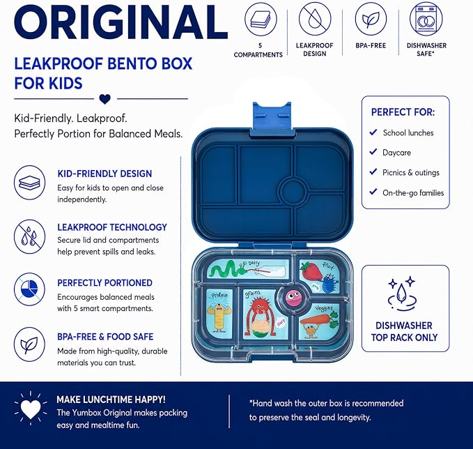 Yumbox Original Leakproof Bento Box - Ninja Blue (Funny Monsters) | Kid-friendly, 5 Compartments + Dip Well, Easy-Open Latch, Lightweight, BPA-Free