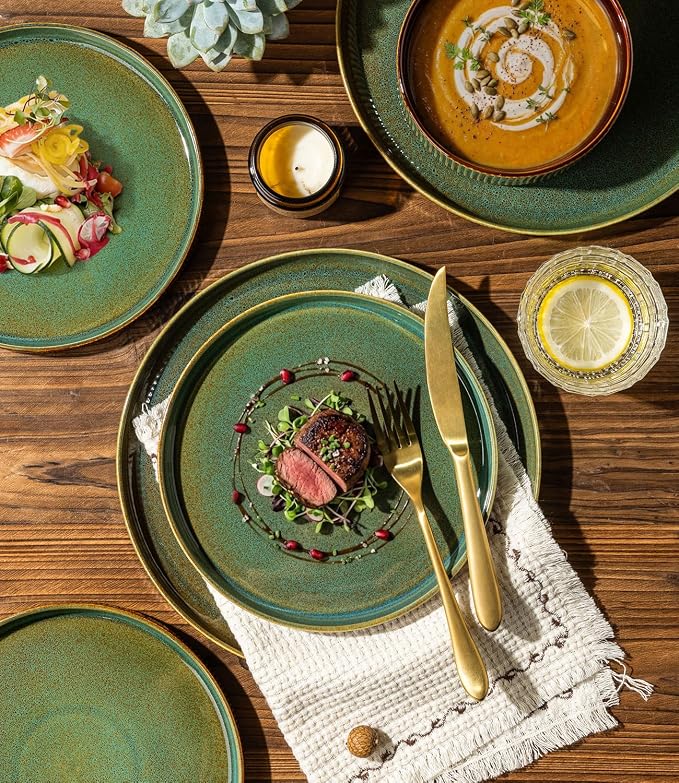 GBHOME Stoneware Dinnerware Sets for 4, 12 Pieces Plates and Bowls Set | Lightweight Ceramic Ribbed Dishes,Reactive Glaze Stackable Plate Set,Scratch Resistant,Microwave Dishwasher Safe,Maroon Olive