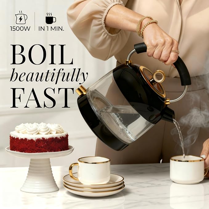 Styled Settings Glass Electric Kettle No Plastic, Black and Gold | 1500W Fast Hot Water Boiler with Temperature Control for Coffee and Tea - Stylish Stainless Steel Kettle, Automatic Shut-Off