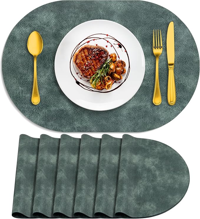 ADRIMER Placemats, Heat Resistant Oval Placemats Set of 6 Washable 12 x 17 Inch, Waterproof Table Mats, Wipeable Pu Place Mats for Kitchen, Dining Room, Blue & Green