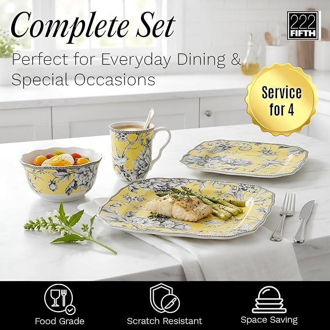 222 Fifth Adelaide Yellow 16-Piece Floral Porcelain Dinnerware Set | Microwave and Dishwasher Safe Dining Set for 4 | Stackable & Chip-Resistant Plates Bowls and Cups | Gift for Housewarming & Wedding