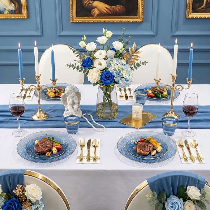DaYammi 350PCS Blue Plastic Dinnerware Set, Plastic Plates Disposable Hammered Disposable Plates for Party, Include: 50 Dinner Plates 50 Dessert Plates 150 Gold Silverware 50 Napkins 50 Cups