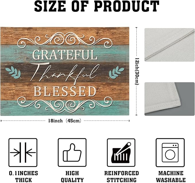 Thankful Placemats Set of 4 18x12 Inch Grateful Blessed Linen Place Mats Heat-Resistant Washable Wipeable Farmhouse Table Mat for Party Kitchen Dining Room Dinner Table Decor