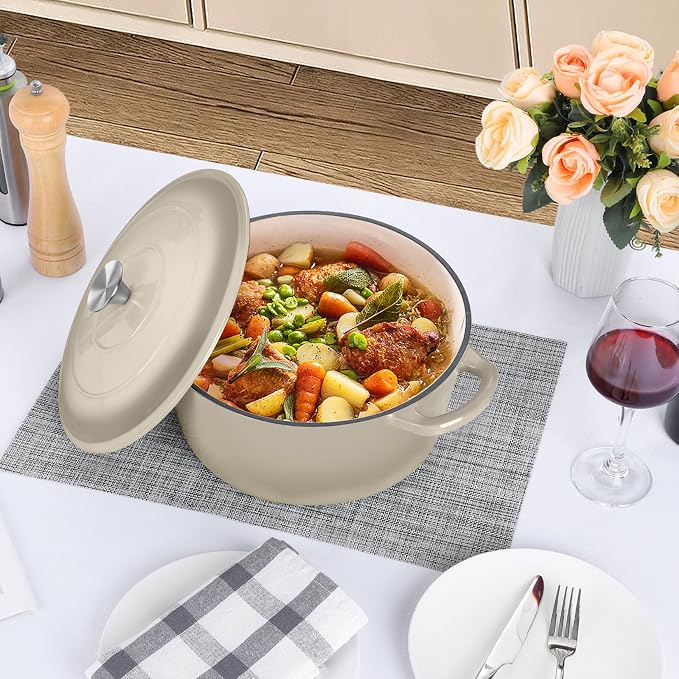 P&P CHEF 6QT Enameled Dutch Oven, Dutch Oven Pot for Bread Baking, Khaki | 6 Quart Enameled Cast Iron Casserole Pot with Lid, for Roasting Braising Stewing Frying Simmering, Work on Various Stoves