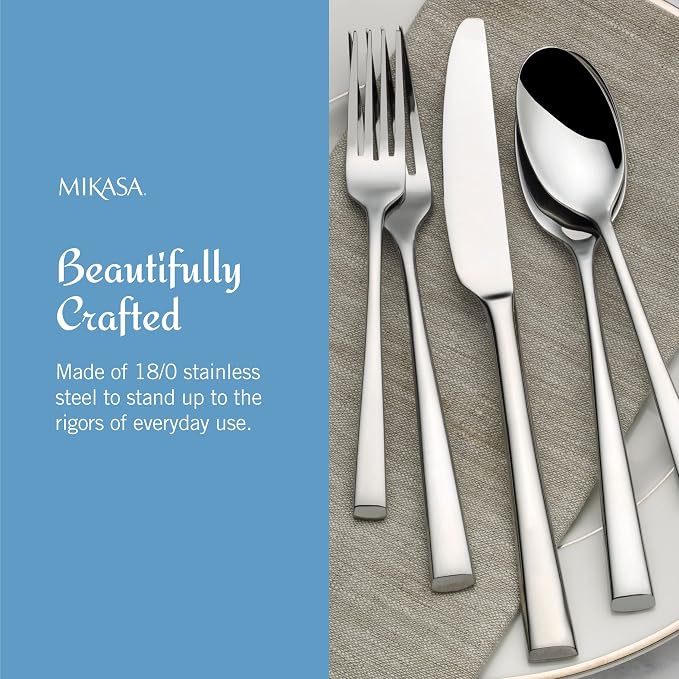 Mikasa Rockford 20-Piece Flatware Set, Service for 4, Forged 18/0 Stainless Steel Silverware with Modern Square-Cut Design, Dishwasher Safe Cutlery Set