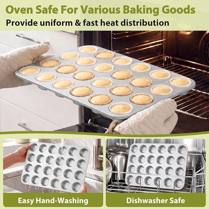 TeamFar Mini Muffin Pan, Stainless Steel 24-Cup Muffin Tin for Baking- 2PCS | Small Cupcake Pan Tray for Egg Bites Mini Cakes Quiches, Brunches Parties Birthday Treats, Healthy & Sturdy, Dishwasher Safe