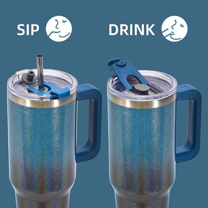 40 oz Shiny Tumbler with Handle and Straw,Stainless Steel Tumbler with Lid and Straw,Insulated Travel Mug(Cold for 34 Hours),Water Bottle for Iced Tea,Coffee (Black Blue)