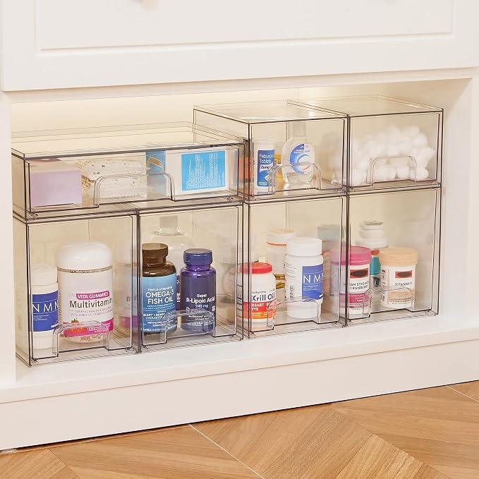 Vtopmart Clear Stackable Storage Drawers, 2 Pack Tall Plastic Organizers | Clear Pull-Out Drawers, Stackable Design for Skincare, Cosmetics, Beauty Supplies, Vanity, Bathroom, Cabinet and Countertop
