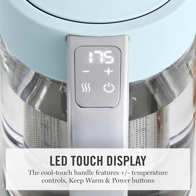 Martha Stewart 1.7L Glass Carafe Electric Kettle with Removable Tea Infuser | 7 Cups, 4 Presets, Rapid Boiling, Stainless Steel Tea Leaf Infuser, Cordless Swivel Base, Keep Warm, Auto Shut-Off, Sky Blue