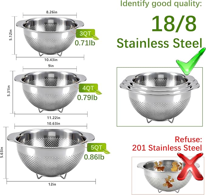 Stainless Steel Colander for Kitchen with Handle for Pasta (5QT) | Fine mesh. Dishwasher safe. Great for straining spaghetti, vegetables, fruit, noodles, eggs & rice