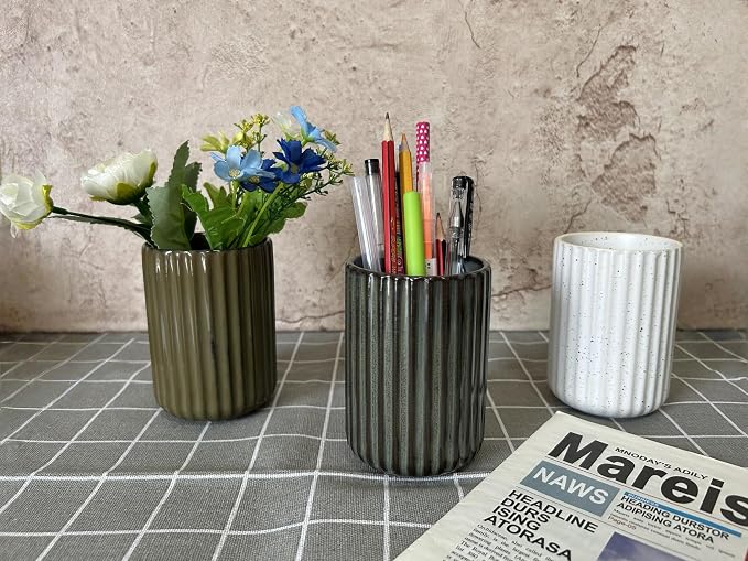 TOPYOKK Stoneware Coffee Bar Utensil Holder Tea & Coffee Spoon & Stirrer Holder for Stir Stick Straw Teaspoon Holder Espresso Spoon Cup Small Utensil Jar Fluted Vertical Stripe (Retro Bronze)
