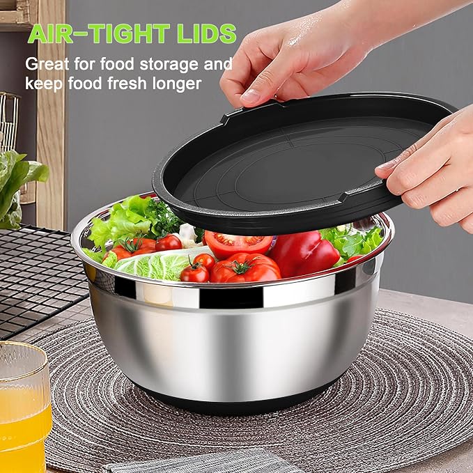 LIANYU Nesting Mixing Bowls Set of 6, Size 7, 3.5, 2.5, 2, 1.5, 1QT | Stainless Steel Large Metal Bowls with Airtight Lids, Ideal for Baking Cooking Food Storage, Non-slip Bottom, Black