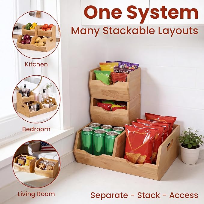 HOMESTEAD Stackable Solid Wood Storage Bins for Pantry & Countertop, Ventilated Potato and Onion Organizer with Handles, Wooden Produce Storage Containers (Natural)