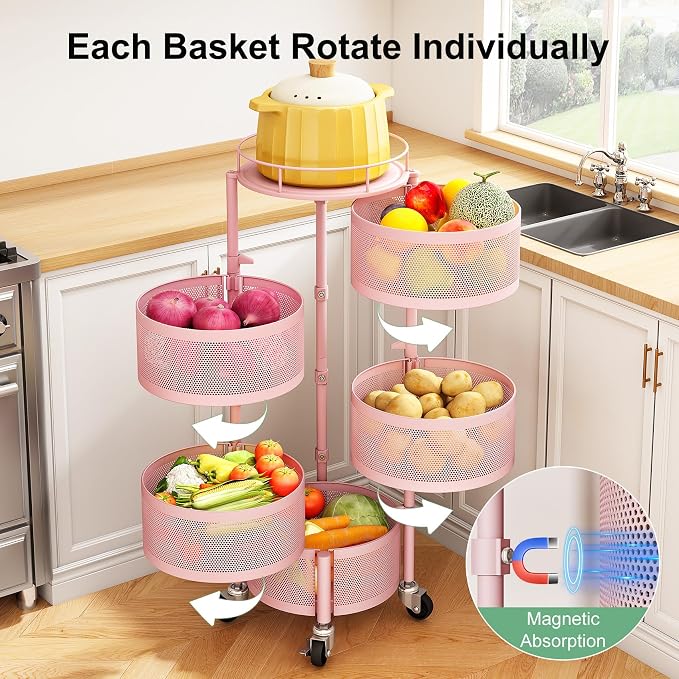 SAYZH 5 Tier Fruit Vegetable Basket Stand for Kitchen, Rotating, Pink | Rolling Storage Cart with top lid, Large Metal Wire Rack for Potato and Onion Storage
