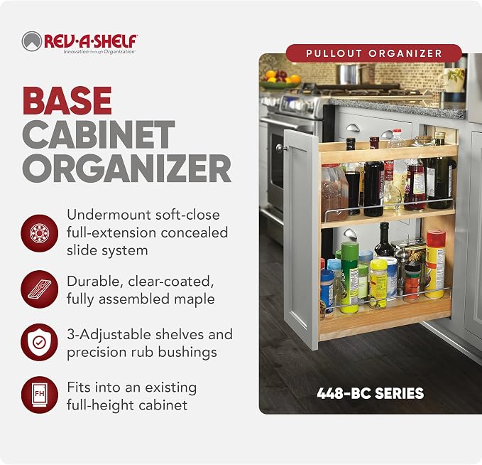 Rev-A-Shelf Maple Pullout Organizer w/Blum Soft-Close for Base Cabinets, Full Extension Slides & Adjustable Shelves Rack, Min Opening Width of 5.5", 448-BCSC-5C