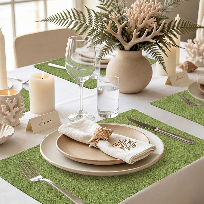 Faux Cotton Linen Placemats Set of 8, Cloth Washable Farmhouse Dining Table Mats for Indoors & Outdoors, Easy to Clean, Grass Green, 13 x 19 Inch