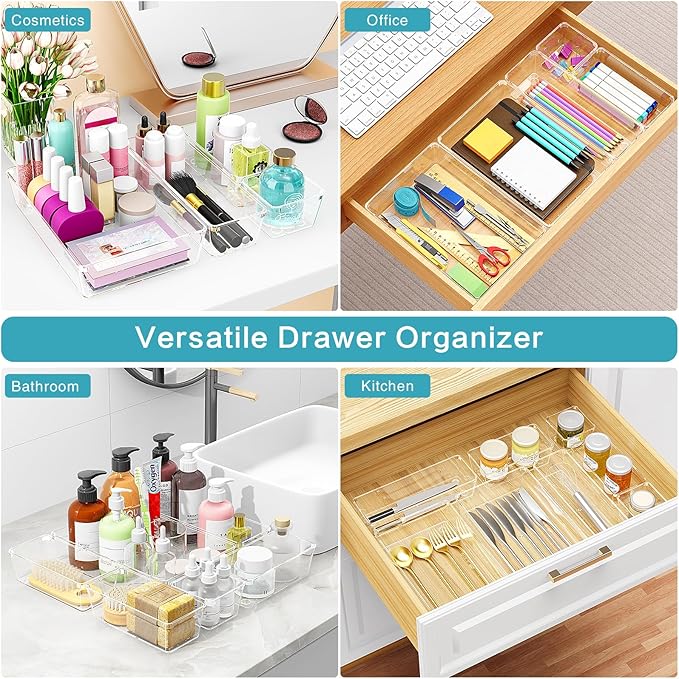 Manalete Drawer Organizers Set of 65, 4 Sizes Clear Plastic Drawer Organizers and Storage Bins for Kitchen, Bathroom, Office, Dresser Desk Drawer Organizer Tray for Jewelry, Makeup, Junk, Gadgets