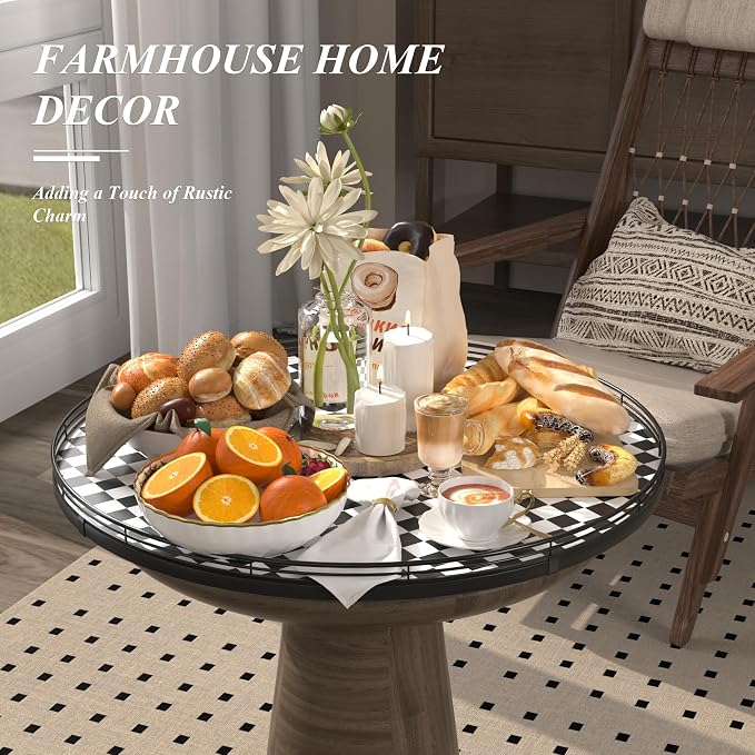AMH 24-Inch Black and White Checkerboard Lazy Susan Decorative Tray | Smooth rotating oak tray with walnut finish for dining tables, kitchen counters, pantries and cabinet storage.