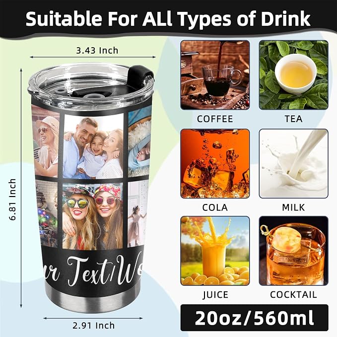 Personalized Tumbler Custom Vacuum Insulated Travel Mug Customizable Coffee Cup with Your Photos and Text Christmas Birthday Gift (10 Photos+Text)