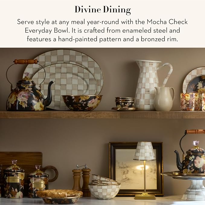 MACKENZIE-CHILDS Everyday Bowl, Extra Small, Brown-and-White Mocha Check | Hand-painted design, made from enameled steel, decorative serving bowl, 6" dia. x 2" H, 2-cup capacity
