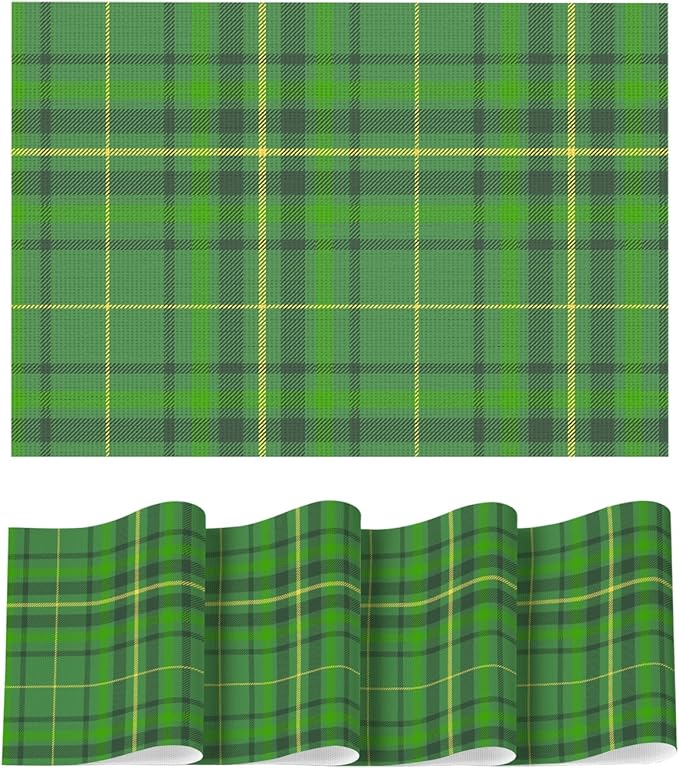 Artoid Mode Green Striped Check St. Patricks Day Vinyl Placemats Set of 4, Heat Resistant Non-Slip Woven Plastic PVC Place Mats for Party Kitchen Dining Decor