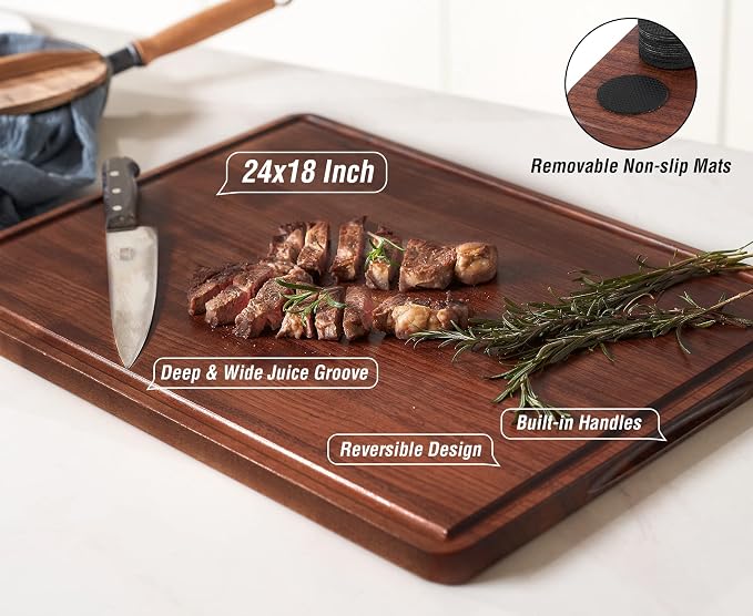 XXL Large Edge Grain Walnut Wood Cutting Board for Kitchen 24x18 in | Juice Groove Handles, Non-slip Mats,Thick Reversible Butcher Block, Cheese Charcuterie Board