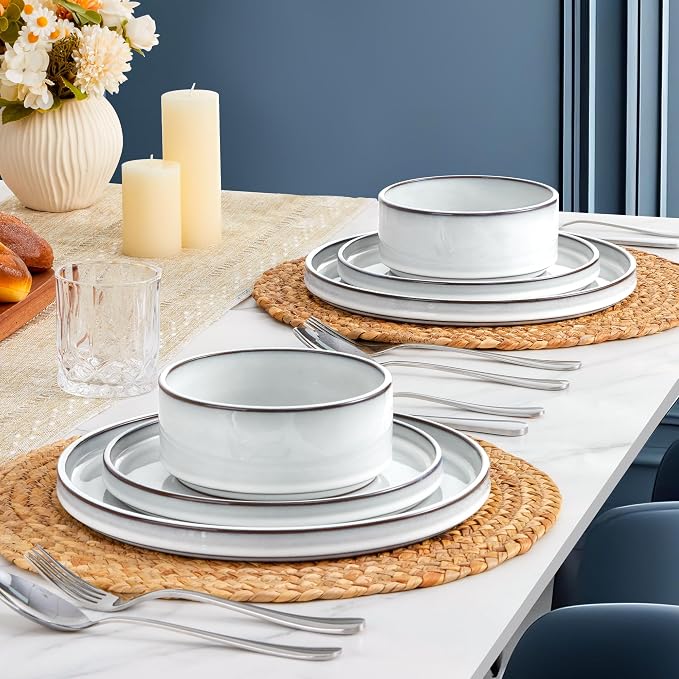 LIANYU 18 PCS Dinnerware Sets for 6, Stoneware Dinner Plates and Bowls Set | Dishware Dish for Home Kitchen Dining, Rustic Terracotta Bottom, Dishwasher & Microwave Safe, Lucent White