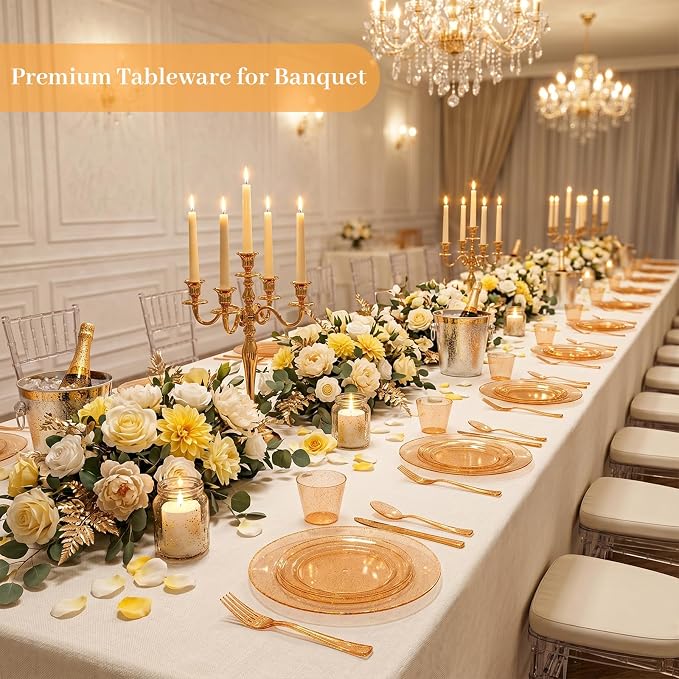 DaYammi 210PCS Orange Glitter Plastic Dinnerware Set for 30 Guests, Fancy Disposable Plates for Party, Include: 30 Dinner Plates, 30 Dessert Plates, 30 Pre Rolled Napkins with Silverware, 30 Cups