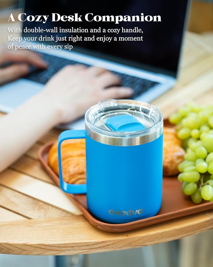 12oz Insulated Coffee Mug with Lid – Includes Two Lids, Stainless Steel Coffee Travel Mug with Handle, Double Wall Vacuum Insulated Camping Mug for Home, Office & Outdoor, Sapphire Blue