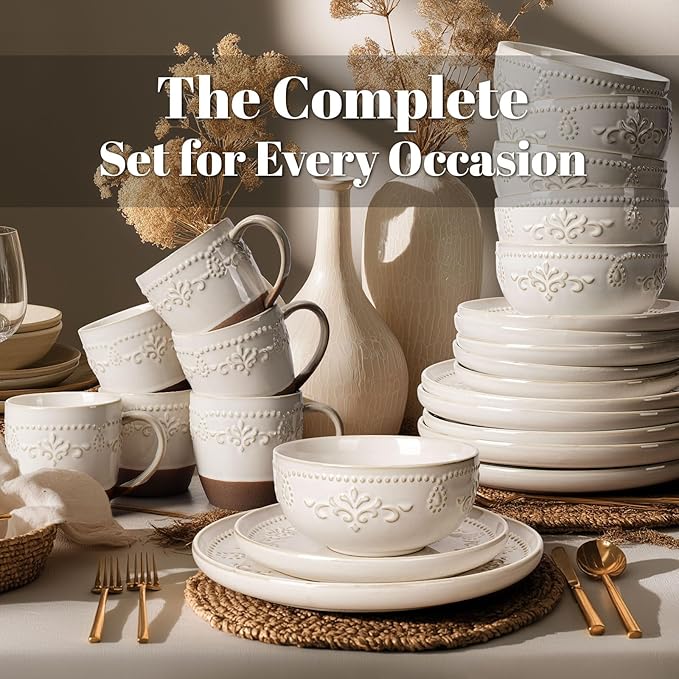Plates And Bowls Sets, 24 Pieces Dinnerware Sets, Dish Set For 6, Ceramic Kitchen Bowl And Plate Set, Embossed White Dishware Sets, Dishwasher & Microwave Safe (Damask Floral) (With Mugs)