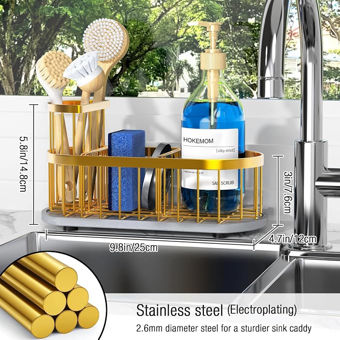 Sink Caddy Kitchen Sink Organizer, Sponge & Brush Holder, Stone Drying Mat | Space-Saving Sink Sponge Holder with Full-Size Tool Storage, Fits Most Sinks, Kitchen Sink Accessory and Countertop Organizer