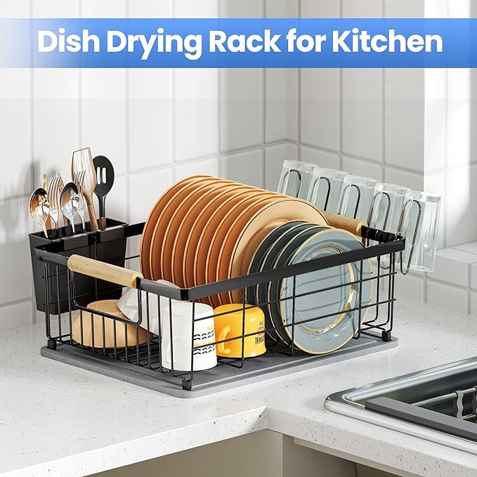 Dish Drying Rack Black with Diatomaceous Earth No Installation Required | Space Saving with Cutlery Cups Holder