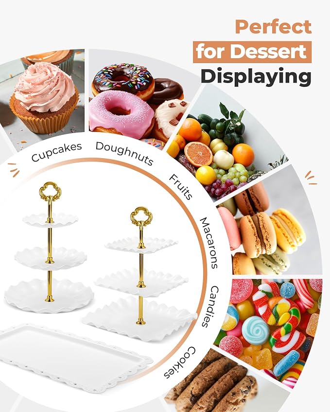 Kootek 10pcs Cupcake Stand Dessert Table Display Set Serving Tray for Party | 3-Tier Cupcake Stand, 6 Rectangular Trays, Hold 128 Standard Cupcakes, Cookie Display, BPA-Free, No Tools Required, Hand Wash