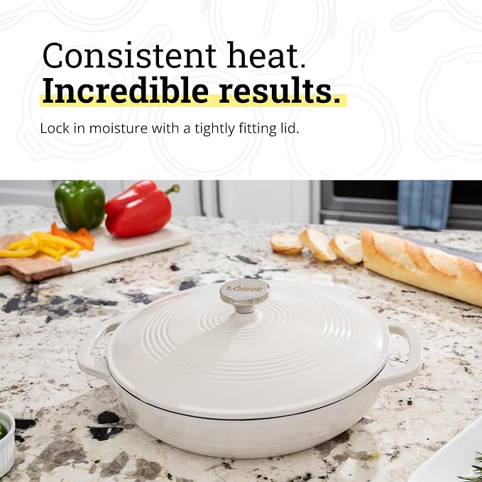 Lodge Essential Enamel Braiser - Refrigerator- & Oven-Safe up to 500° F - Heat-Retaining, Induction-Safe & PFAS-Free Enamel Cookware - 3.6 Quart, Oyster White