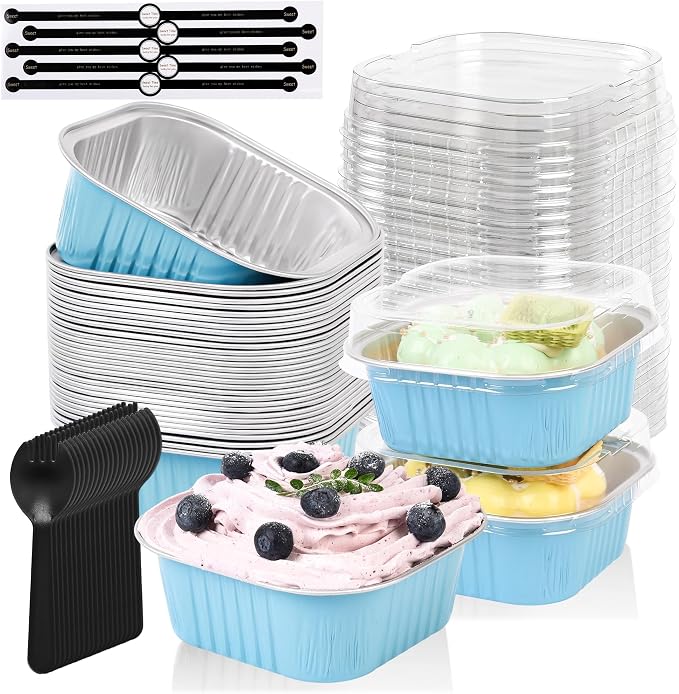 100 Pcs Mini Cake Pans with Lids, 5oz Square Aluminum Foil Brownie Baking Cups, Dessert Cupcake Cups with lids, Disposable Loaf Pans Cupcake for Wedding Birthday Party (Blue)