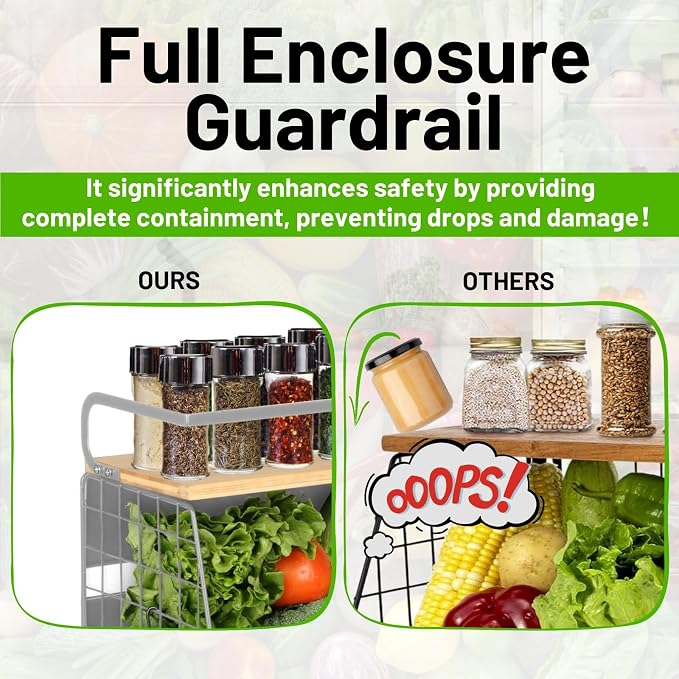 Magnetic Fridge Shelf with Wood Lid, Fruit Potato Onion Storage Bins, Pantry Organizers, Large Container Spice Rack for Refrigerator, Kitchen Counter, Cabinet (2, Silver)