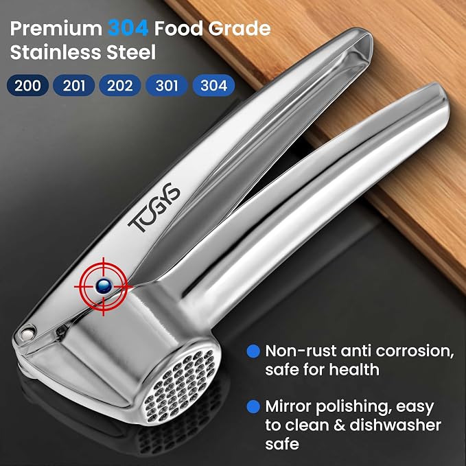 Heavy Duty Stainless Steel Garlic Press - Professional Grade Garlic Mincer & Crusher with Ergonomic Soft Grip Handle, Dishwasher Safe, Rust-Proof - Easy to Clean Kitchen Gadget for Cooking