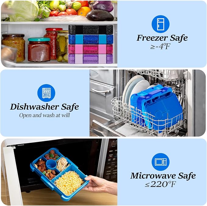 Bento Lunch Box, Snack Bento Lunch Containers Boxes, Shiny Blue | 5/6 Compartments, 3 Cups BPA Free, Dishwasher Safe, for Kids, Back to School, On-the-Go Meal, Ages 3+, School