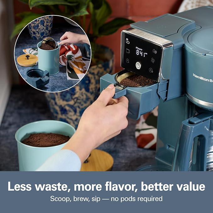 Hamilton Beach 2-Way Drip Coffee Maker & Single Serve Coffee Machine | Hot & Iced Coffee Maker| 12 Cup Glass Carafe| AquaFlow Showerhead | Auto Pause & Pour | Kitchen Makeover Blue |47502J