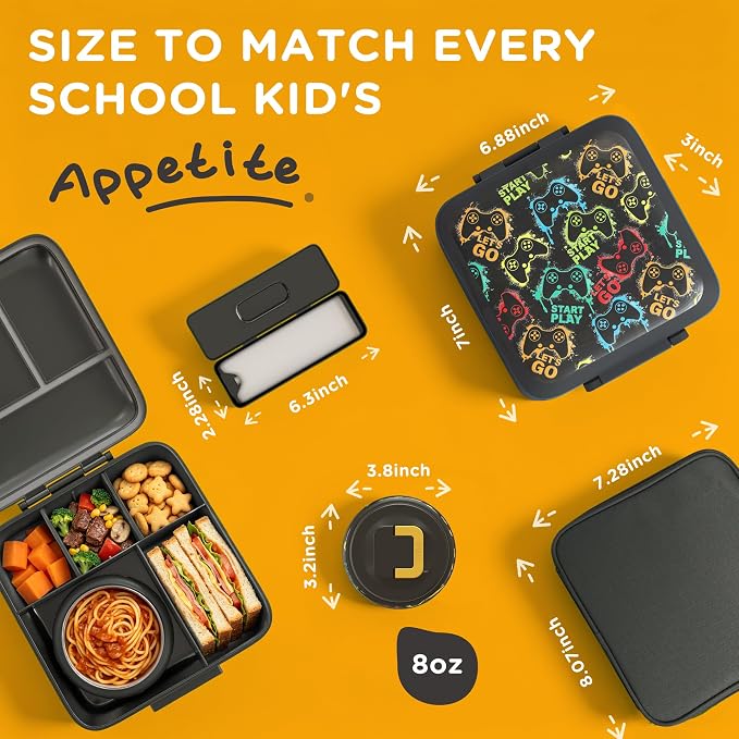 JXXM Bento Lunch Box for Kids With 8oz Soup thermo,Leak-proof Lunch Containers with 5 Compartment,thermo Food Jar and Lunch Bag, Food Containers for School (A-Black(Game Consoley))