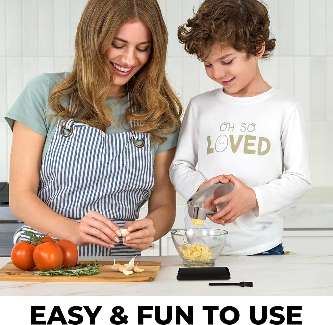 Zulay Kitchen Large Premium Garlic Press Set – Rust Proof & Dishwasher Safe, Bigger Bowl Garlic Mincer Tool with Silicone Garlic Peeler & Brush, Easy Squeeze & Clean, Ergonomic Handle - Silver