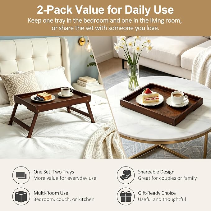 Bamboo Breakfast Trays with Folding Legs, Medium, 2-Pack, Vintage | Set of 2 bamboo bed trays with folding legs and wave handles for meals, laptops and serving in bed or on sofa.