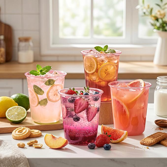 WELLIFE 50 Pcs 12 oz Clear Pink Plastic Cups | Disposable Cocktail Glasses Stemless Wine Punch Cups for Cold Drinking Wedding Party Supplies Valentine's Day
