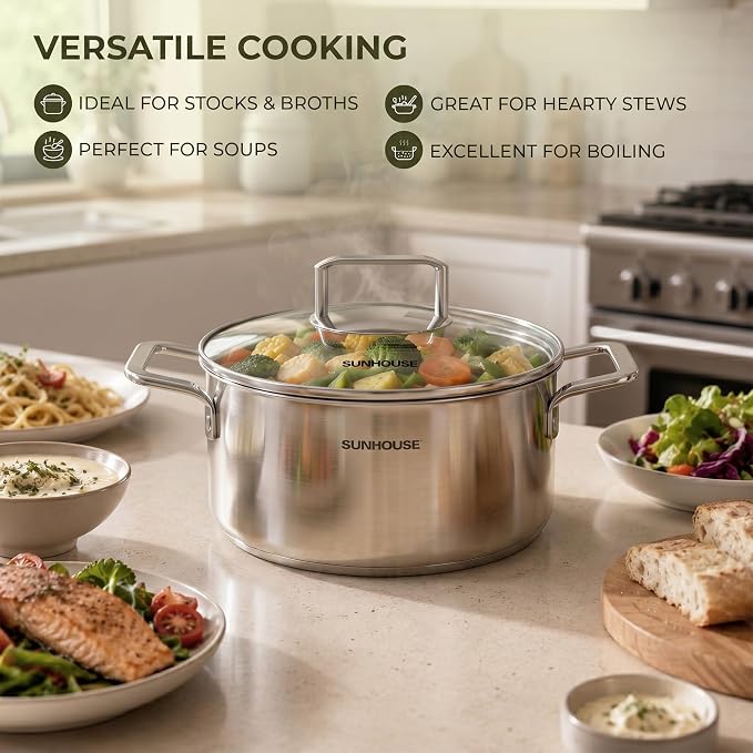 SUNHOUSE 3.4 QT Fully Clad Tri-ply Stainless Steel Stock Pot with Glass Lid | Small Everyday Soup & Pasta Pot - Rice, Blanching, Broth - Even-Heating Tri-Ply Base, Induction Compatible, Dishwasher Safe